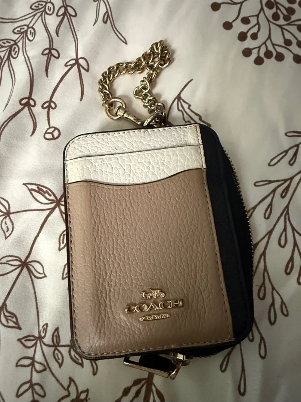 Coach Two-Tone Leather Card Case with Gold Chain